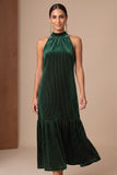 Dark Green A-Line Velvet High Neck Ruffled Midi Holiday Party Dress with Beading