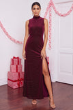 Burgundy Velvet Sheath High Neck Midi Holiday Party Dress with Beading