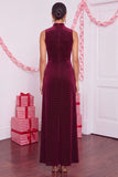 Burgundy Velvet Sheath High Neck Midi Holiday Party Dress with Beading