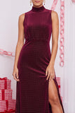 Burgundy Velvet Sheath High Neck Midi Holiday Party Dress with Beading
