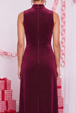 Burgundy Velvet Sheath High Neck Midi Holiday Party Dress with Beading
