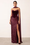 Burgundy Velvet Sheath Sequins Strapless Long Holiday Party Dress with Chiffon Draping