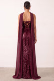 Burgundy Velvet Sheath Sequins Strapless Long Holiday Party Dress with Chiffon Draping
