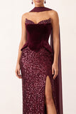 Burgundy Velvet Sheath Sequins Strapless Long Holiday Party Dress with Chiffon Draping
