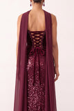 Burgundy Velvet Sheath Sequins Strapless Long Holiday Party Dress with Chiffon Draping