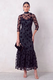 Black Mermaid Floral Ruffled Illusion Round Neck Midi Wedding Guest Dress with 3/4 Sleeves