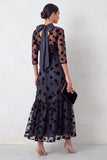 Black Mermaid Floral Ruffled Illusion Round Neck Midi Wedding Guest Dress with 3/4 Sleeves