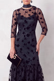 Black Mermaid Floral Ruffled Illusion Round Neck Midi Wedding Guest Dress with 3/4 Sleeves