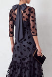 Black Mermaid Floral Ruffled Illusion Round Neck Midi Wedding Guest Dress with 3/4 Sleeves