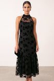 Black A-Line Halter Illusion Floral Tulle Midi Wedding Guest Dress