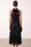 Black A-Line Halter Illusion Floral Tulle Midi Wedding Guest Dress