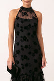 Black A-Line Halter Illusion Floral Tulle Midi Wedding Guest Dress