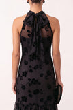Black A-Line Halter Illusion Floral Tulle Midi Wedding Guest Dress