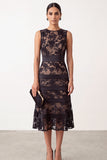 Black A-Line Embroidery Satin Round Neck Midi Floral Dress