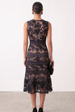 Black A-Line Embroidery Satin Round Neck Midi Floral Dress