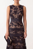 Black A-Line Embroidery Satin Round Neck Midi Floral Dress