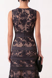 Black A-Line Embroidery Satin Round Neck Midi Floral Dress