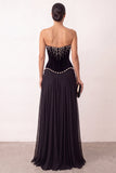 Black Velvet A-Line Pleated Chiffon Pearls Strapless Long Formal Party Dress with Slit