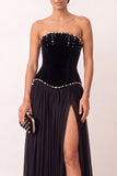 Black Velvet A-Line Pleated Chiffon Pearls Strapless Long Formal Party Dress with Slit
