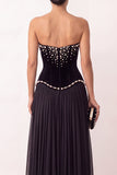 Black Velvet A-Line Pleated Chiffon Pearls Strapless Long Formal Party Dress with Slit