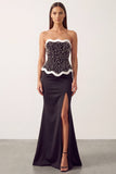 Black White Mermaid Satin Pearls Strapless Long Formal Dress with Slit