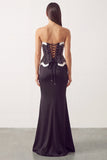 Black White Mermaid Satin Pearls Strapless Long Formal Dress with Slit