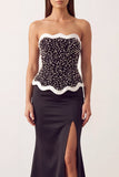 Black White Mermaid Satin Pearls Strapless Long Formal Dress with Slit