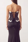 Black White Mermaid Satin Pearls Strapless Long Formal Dress with Slit