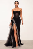 Mermaid Black Corset Sheer Strapless Tulle Long Formal Dress with Rhinestones