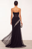 Mermaid Black Corset Sheer Strapless Tulle Long Formal Dress with Rhinestones