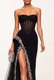 Mermaid Black Corset Sheer Strapless Tulle Long Formal Dress with Rhinestones