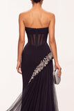 Mermaid Black Corset Sheer Strapless Tulle Long Formal Dress with Rhinestones