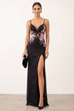 Black Sheath Floral Spaghetti Straps Long Formal Dress with Beading