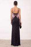 Black Sheath Floral Spaghetti Straps Long Formal Dress with Beading