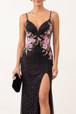 Black Sheath Floral Spaghetti Straps Long Formal Dress with Beading