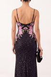 Black Sheath Floral Spaghetti Straps Long Formal Dress with Beading
