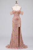 Off the Shouder Blush Sheath Corset Sequins Long Prom Dress with Slit