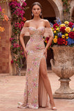 Off the Shouder Blush Sheath Corset Sequins Long Prom Dress with Slit