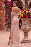Off the Shouder Blush Sheath Corset Sequins Long Prom Dress with Slit