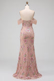 Off the Shouder Blush Sheath Corset Sequins Long Prom Dress with Slit