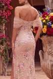 Off the Shouder Blush Sheath Corset Sequins Long Prom Dress with Slit
