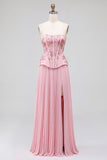 Pink Corset A-Line Sequins Floral Pleated Strapless Long Prom Dress with Side Slit