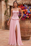 Pink Corset A-Line Sequins Floral Pleated Strapless Long Prom Dress with Side Slit