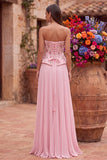 Pink Corset A-Line Sequins Floral Pleated Strapless Long Prom Dress with Side Slit