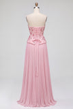 Pink Corset A-Line Sequins Floral Pleated Strapless Long Prom Dress with Side Slit