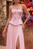 Pink Corset A-Line Sequins Floral Pleated Strapless Long Prom Dress with Side Slit
