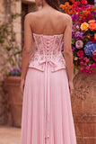 Pink Corset A-Line Sequins Floral Pleated Strapless Long Prom Dress with Side Slit