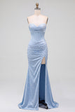 Blue Mermaid Satin Corset Pearls Ruched Strapless Long Prom Dress with Side Slit