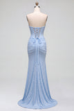 Blue Mermaid Satin Corset Pearls Ruched Strapless Long Prom Dress with Side Slit