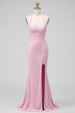 Pink Mermaid Corset Halter Pearls Satin Beaded Long Prom Dress with Slit